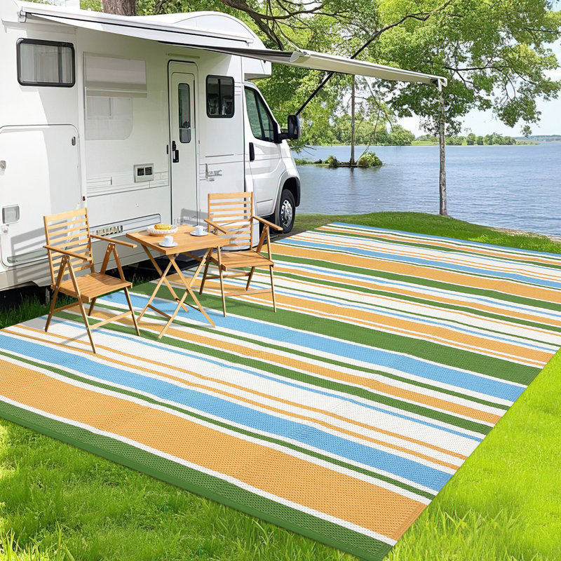 Waterproof Outdoor Rug, Reversible Plastic Straw Patio Mat – Colorful Striped, UV Resistant, Washable, Durable, For Deck, Porch, Camping, RV, Yellow/Blue/Green/White, 9x18ft (274x549cm)