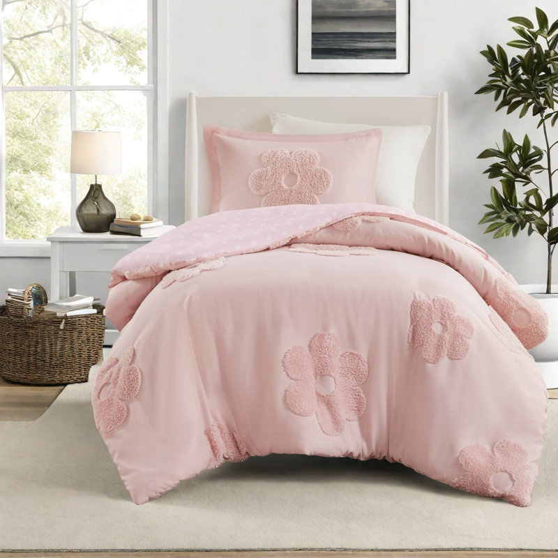 Soft Pink Twin Bedding Sets, Chenille Tufted Floral Design, Reversible & Antimicrobial