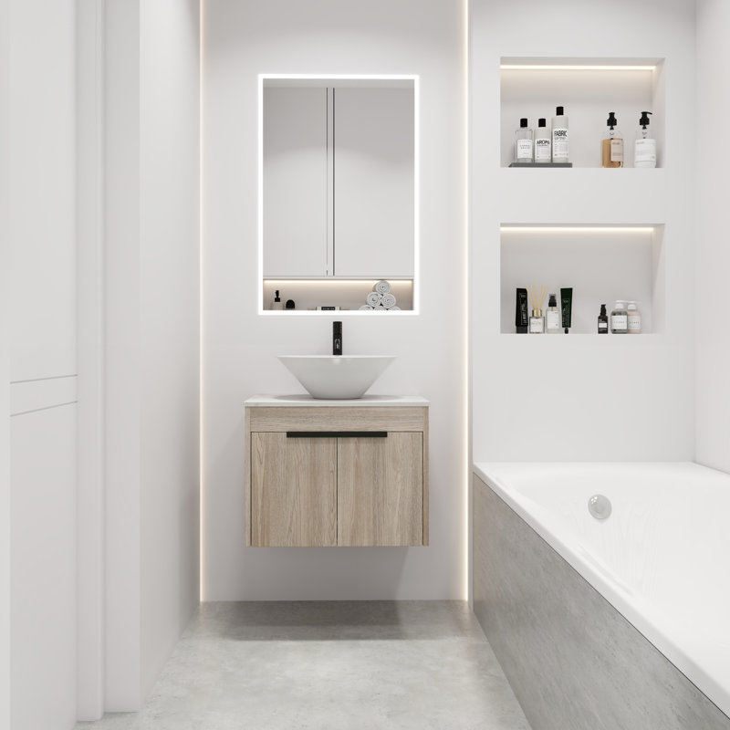 Meuble-lavabo mural 24 po avec vasque en céramique, meuble-lavabo en chêne blanc, charnières à fermeture en douceur, style flottant, rangement spacieux, poignées en métal, porte à fermeture en douceur de 2 pièces, armoires de porte, paquets