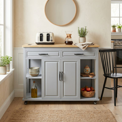 47" Wide Extendable Kitchen Island with Rubber Wood Veneer, Power Outlet, 2 Drawers and 2 Cabinets, Rolling Kitchen Table with Storage for Kitchen, Dining Room, Grey Blue