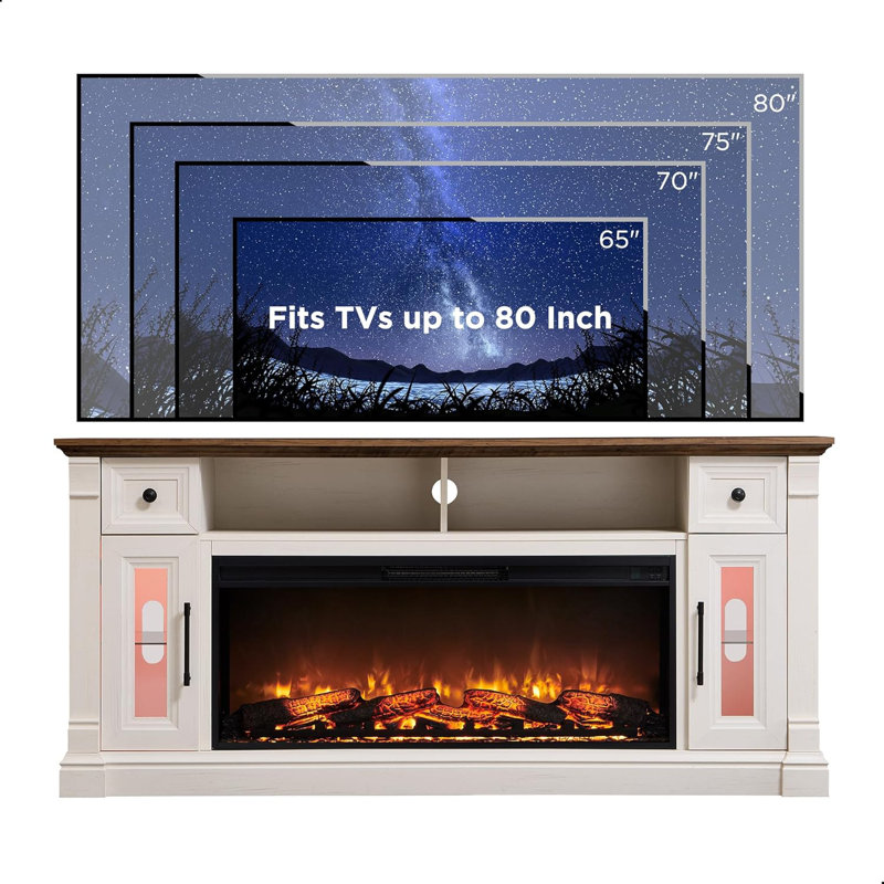 Diamandi Wood TV Stand with Fireplace, White