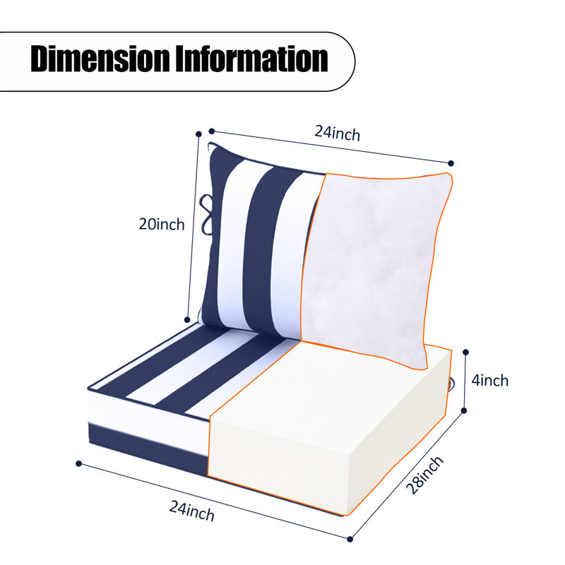 Fade Resistant Outdoor Chair Cushions Set Of 4, 24X28 Deep Seat Patio Cushions, 28D High Resilience Foam Replacement Patio Chair Cushions Set Of 4 With Removable Cover For Sofa, Adirondack Chair, Sectional,Blue Cabana Stripe