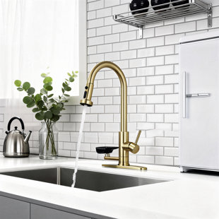 Brushed Gold 3-In-1 Kitchen Faucet, High-Arc Pull-Out Three-Speed Water Flow, With Press-Type Cup Washer, Compatible With Single-Hole And Three-Hole Sinks.