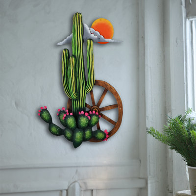 Suspension murale 3D, en acier et en fibre de verre, très détaillée, figuier de barbarie, cactus et roue de chariot