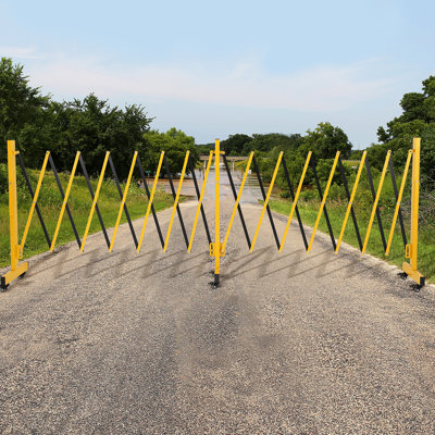 9FT Telescopic Corner Model Expandable Barricade Gate with  6 Wheels – Portable Retractable Traffic Barrier for Crowd Control, Construction Sites & Events – Yellow 