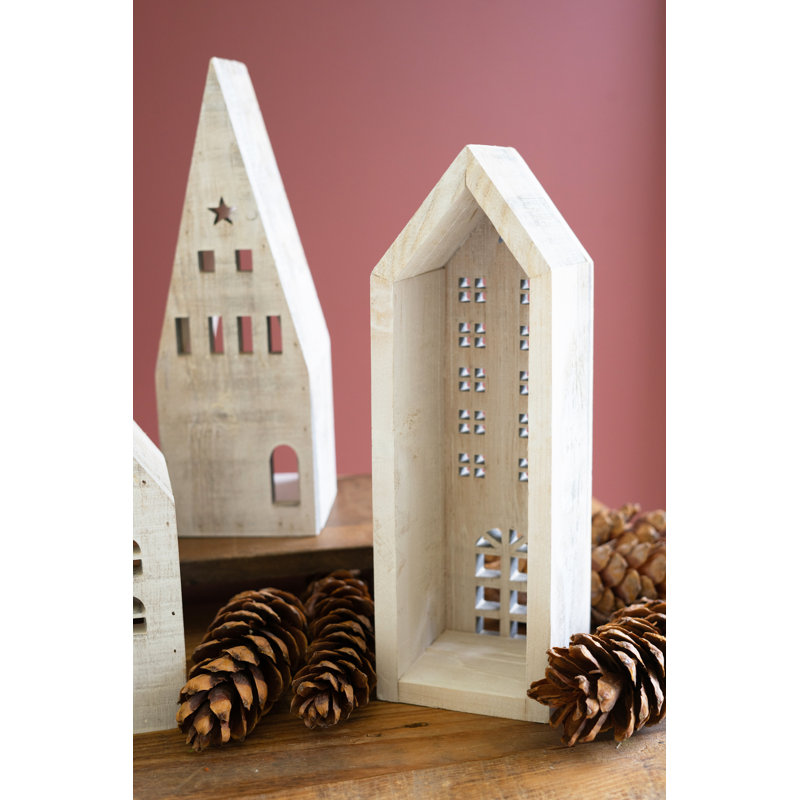 SET OF FIVE WOODEN VILLAGE - WHITEWASH