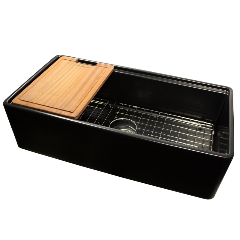 35.75 Inch European Fireclay Farmhouse Prep Station Sink, Matte Black