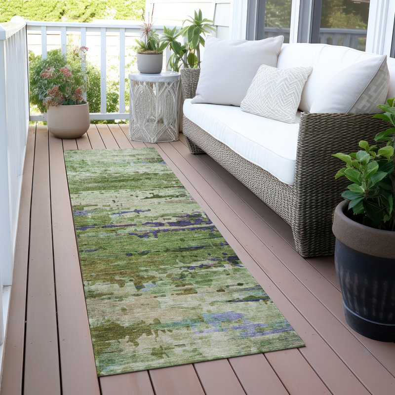 Machine Washable Indoor/Outdoor Xhevrie Green Rug, Runner 2'3" x 7'6"