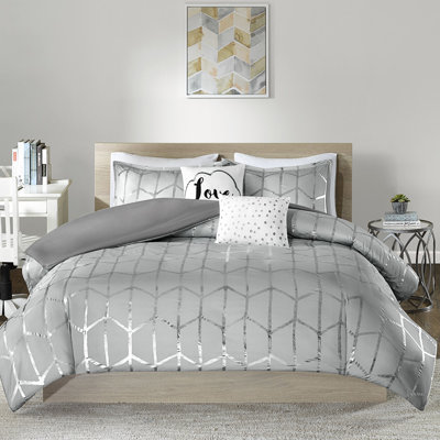 Housse de couette simple / simple TG avec motif géométrique argenté et matériau de base gris élégant