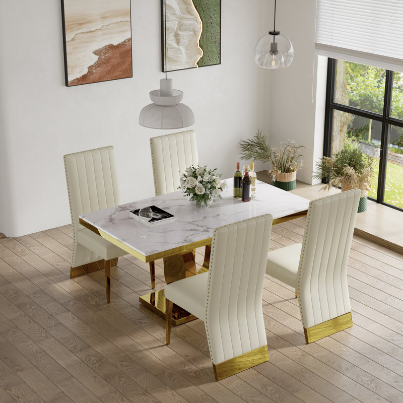 White Leather Dining Chairs With Gold Legs Set Of 2