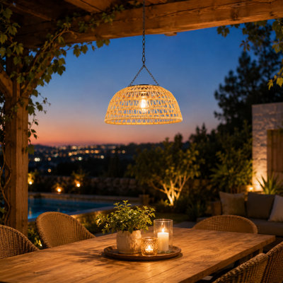 Outdoor Solar Hanging Iron Frame Rattan Lantern (Bulb Include)