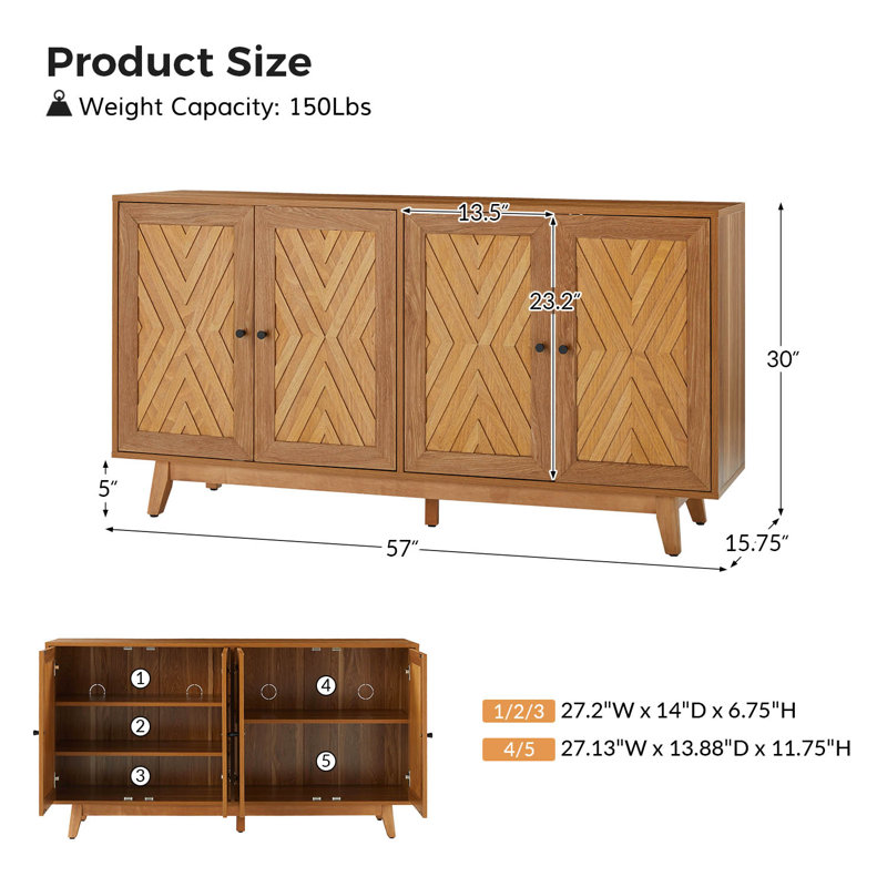 Chartier 57'' Wide Sideboard With Adjustable Shelves, Walnut
