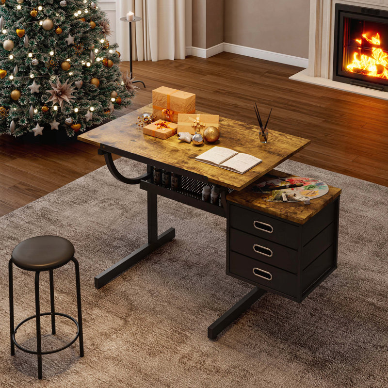 Table à dessin réglable avec tabouret et 3 tiroirs - Angle 0-75 °, structure en acier