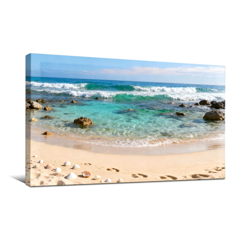 Nautique et plage, vagues, coquillages, roches de sable, empreintes de pas, H 20 po x l 40 po