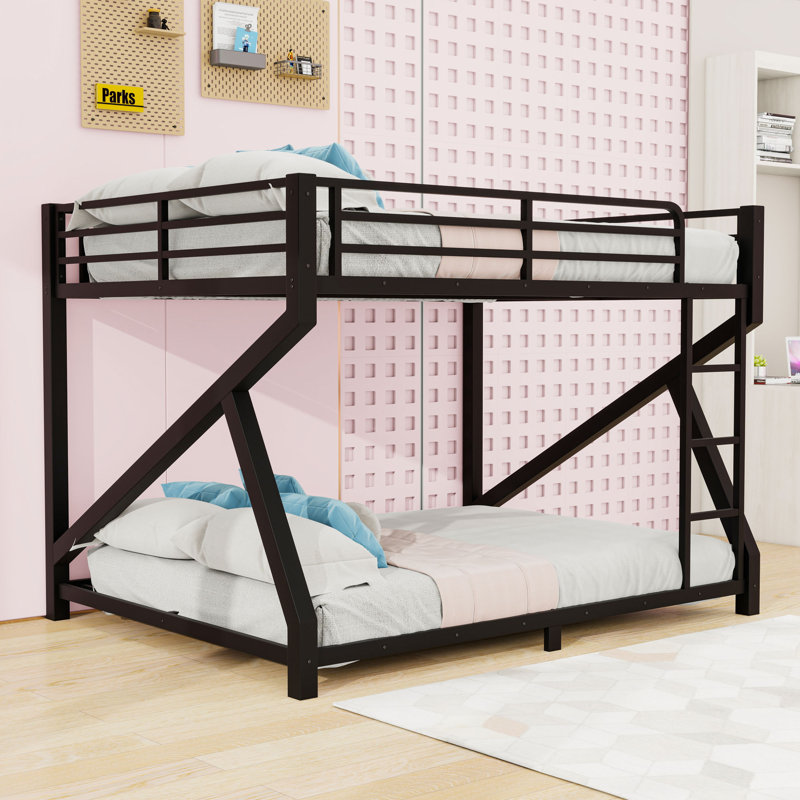 Metal Bunk Bed with Reinforced Slats, Guardrails and Built-In Ladder, Queen Over Queen