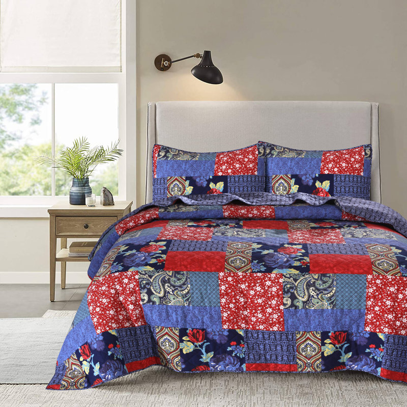 Ensemble de courtepointe réversible 100% coton 3 pièces Patchwork Floral, Grand, Patchwork rouge / bleu