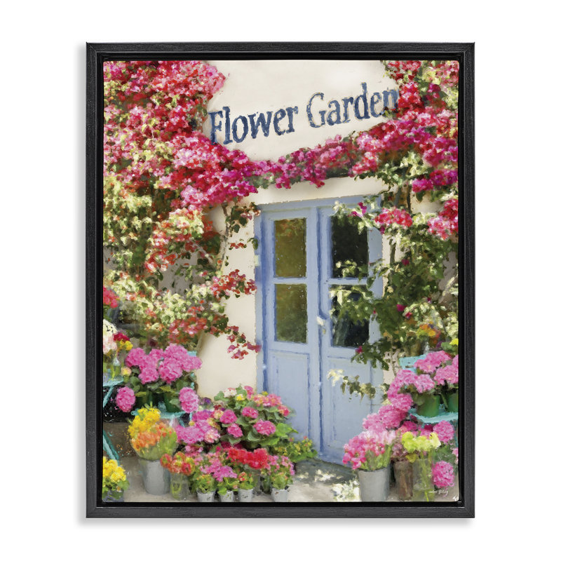«Flower Garden Doorway», art mural encadré flottant par Sara Baker, H 21 po x l 17 po, Cadre flottant noir de jais