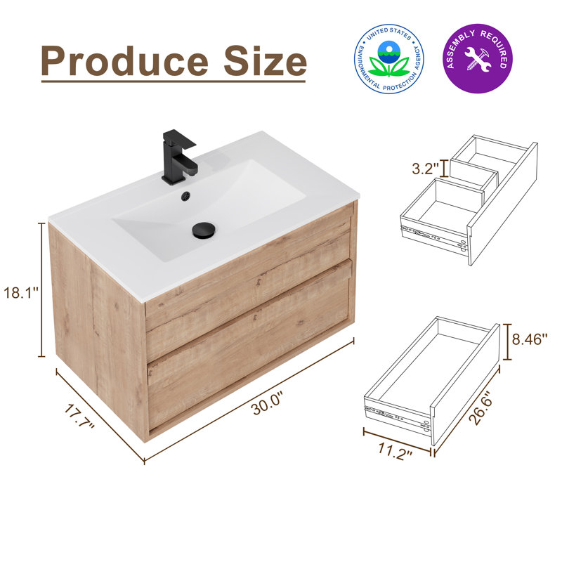 Jadaya Sharee 30" Modern Wall mounted Bathroom Vanity Set with Sink Top, Faucet, Floating Cabinet, EPA Certified, Oak