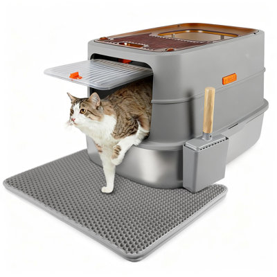 Stainless Steel Enclosed Cat Litter Box with Flip Lid, XL Extra Large Litter Box for Easy Clean & Non-Sticky, Anti-Leakage,Includes Cat Litter Scoop, Gray 