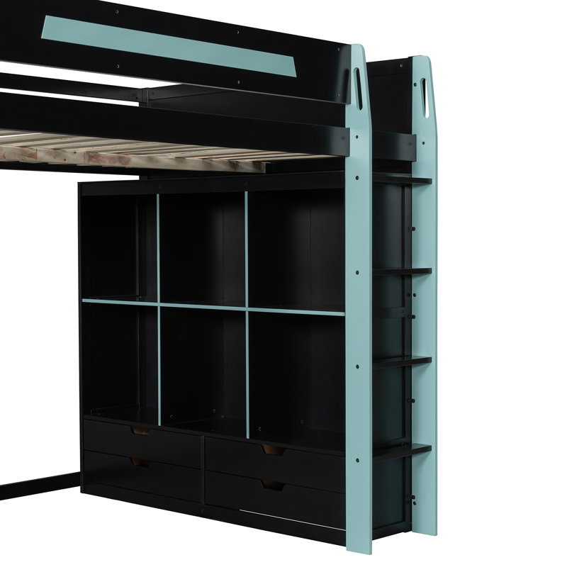Full Size Gaming Loft Bed With Built-In Lighted Desk, 6 Storage Drawers And Bookcase, Blue
