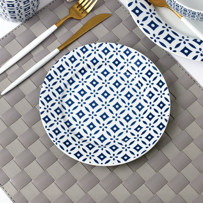 Waterside 16pc Blue Geo Porcelain Dinner Set