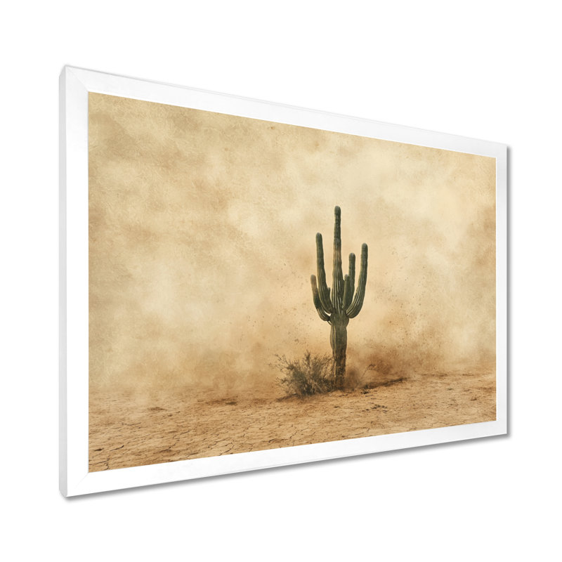 Cactus tempête de sable III - cactus, décoration murale, H 34 po x l 44 po, Avec cadre, Blanc