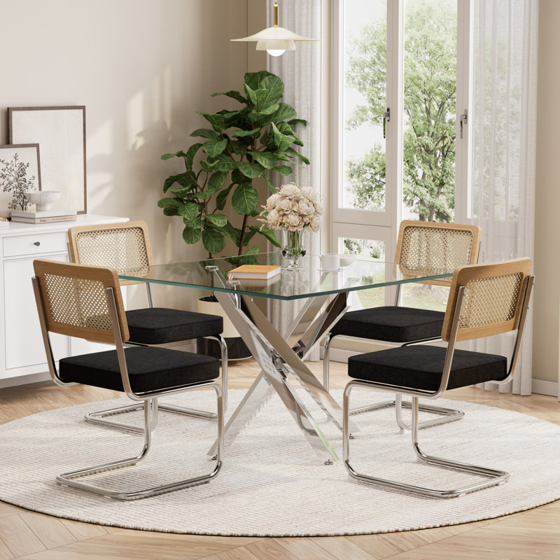 Ensemble de table de salle à manger 36 pouces en verre trempé carré avec chaises rembourrées en lin à dossier en rotin, ensemble de salle à manger de patio moderne pour la cuisine et la salle à manger