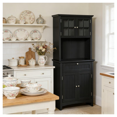 Grand garde-manger en MDF noir avec tablettes à plusieurs niveaux pour les articles secs et les ustensiles de cuisine