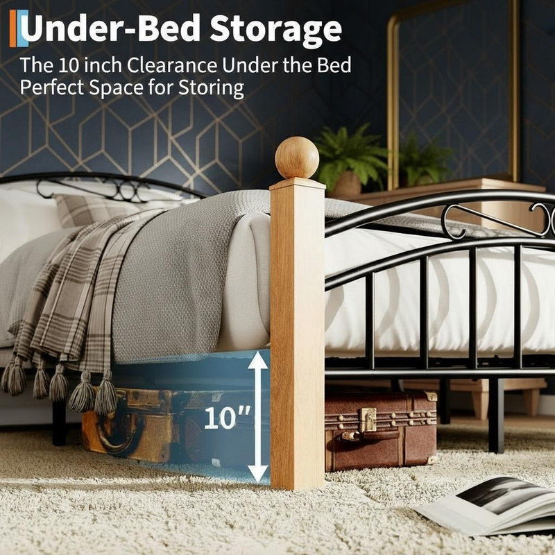 Metal Platform Bed Frame Mattress Foundations with Victorian Style Irons-Art Headboard/Footboard/Under Bed Storage/No Box Spring Needed