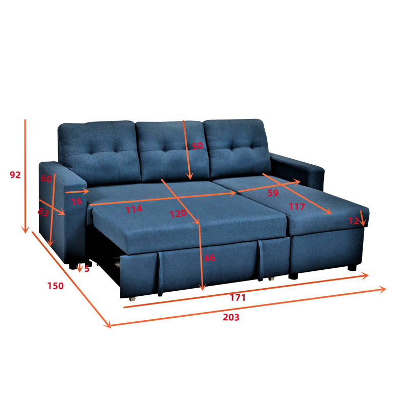 Blue L-Shaped Sectional Bed, Stylish 3 For Hallway Space Couch, , Area, Blue Polyester