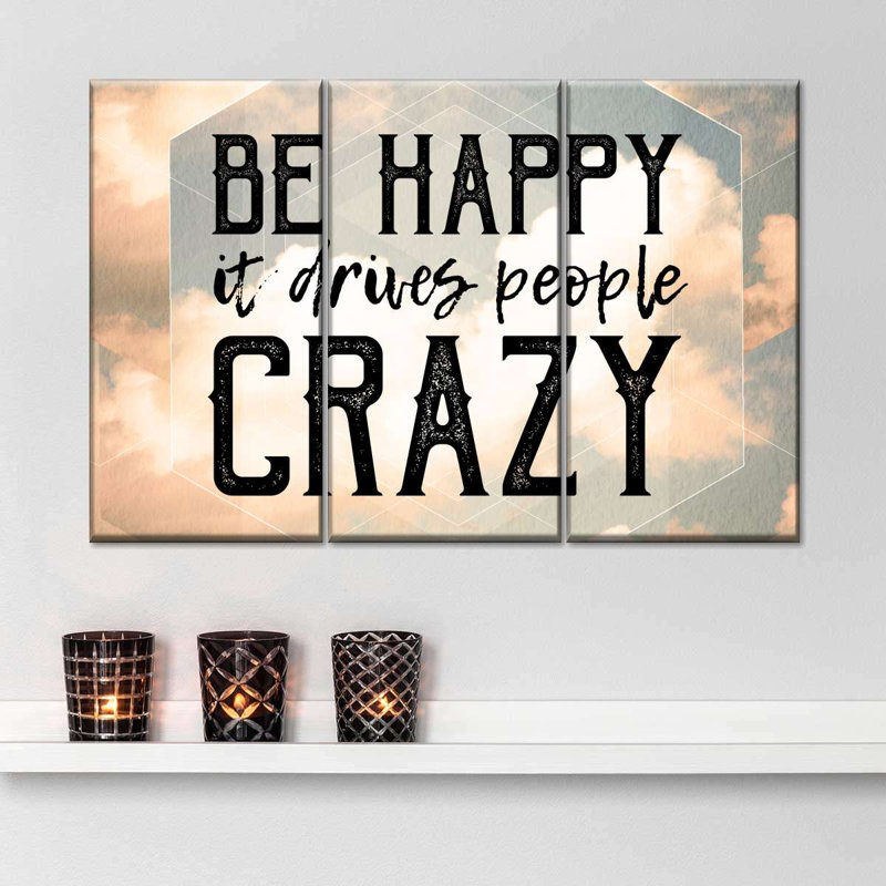 «Happiness Quotes Be Happy Quote II» sur toile par Yi, ensemble de 3 pièces, H 20 po x l 33 po x P 1,25 po