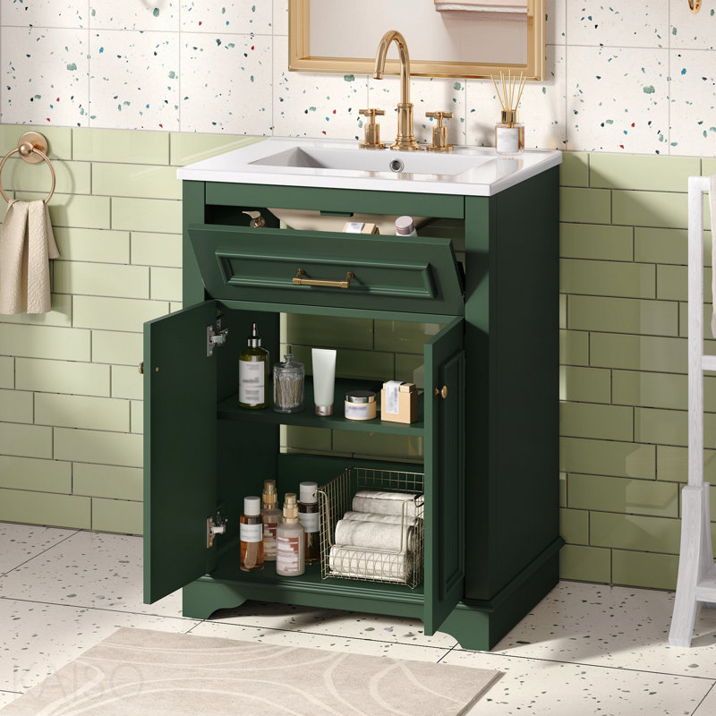 Meuble-lavabo 24 po avec lavabo en céramique intégré, armoire de salle de bain avec 2 portes, 1 tiroir basculant et meuble-lavabo simple pour salle de bain de petite et moyenne taille