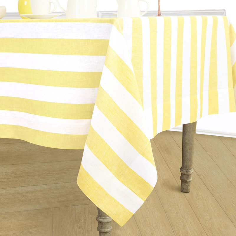 Cabana Stripe - 100% Pure Linen Tablecloth, 156" x 60", Primrose Yellow/White