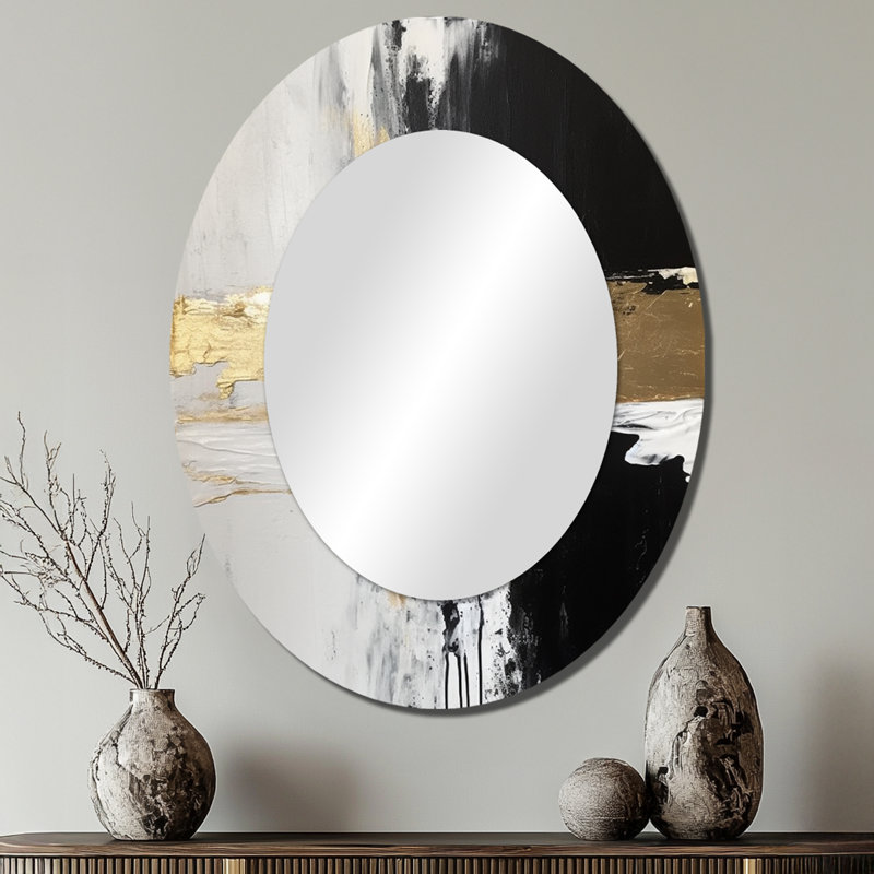 Miroir mural ovale horizontal moderne abstrait noir doré, 40 po x 30 po