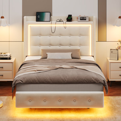 Upholstered Platform Bed with LED Lights, Charging Port, Floating Bed
