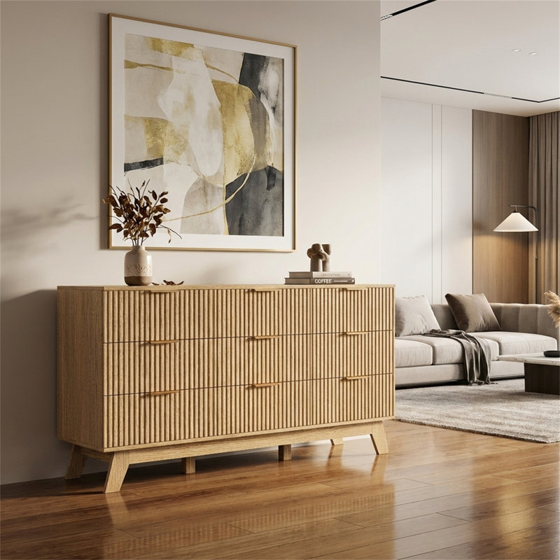 Mid-Century Modern 9-Drawer Fluted Dresser, Brown