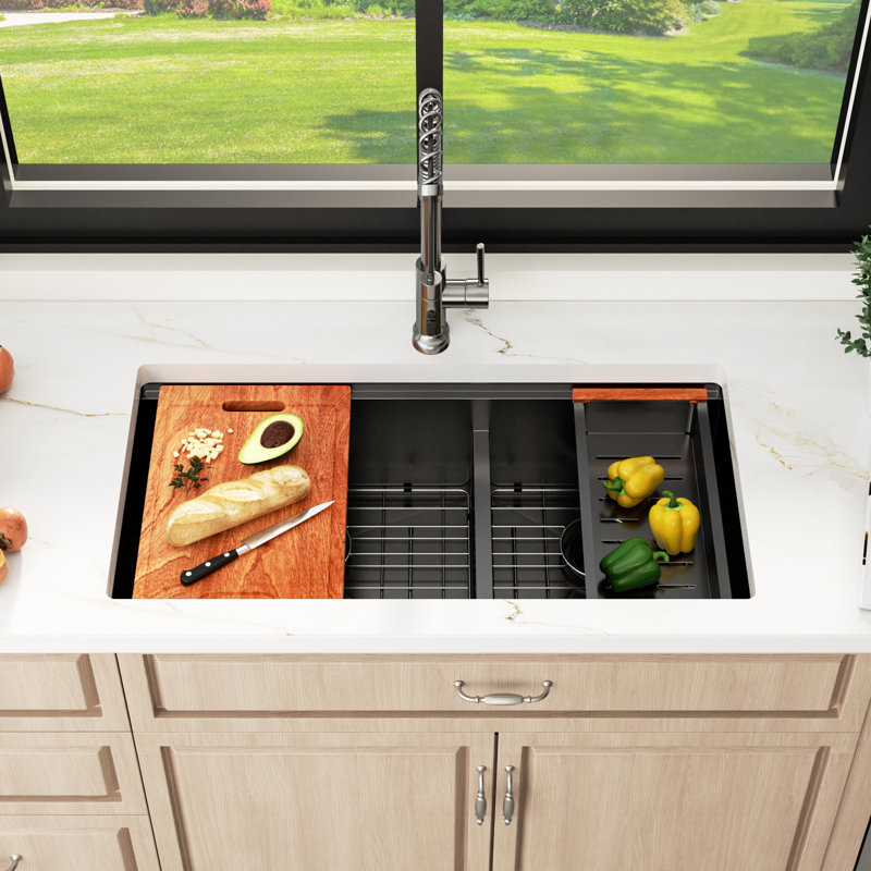 Undermount Double Bowl Workstation Kitchen Sink With Accessories, 10"H X 33"L X 19"W, Gunmetal Black