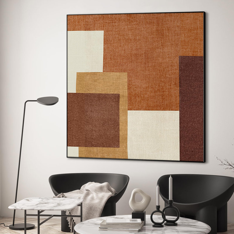 Très grand imprimé mural en tissu - Conception de blocs géométriques rétro en brun et crème pour une décoration de salon ou de chambre à coucher - «Assemblage requis du cadre (cadre non fini)»