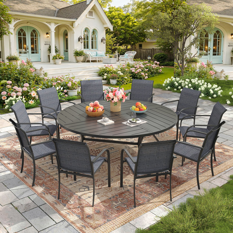 11-pieces Patio Round Outdoor Dining Set With Stackable Chair, Black/Dark Gray