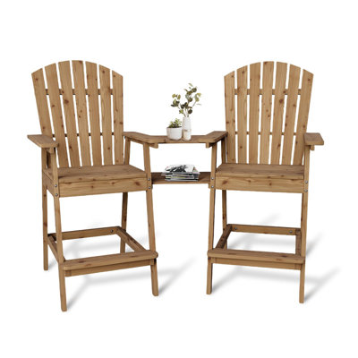 Ensemble de 2 chaises Adirondack pour patio, tabourets Adirondack d'extérieur en bois naturel avec plateau de connexion, tabouret de bar avec dossier haut pour terrasse, balcon, cour arrière, ensemble de chaises Adirondack de hauteur bar