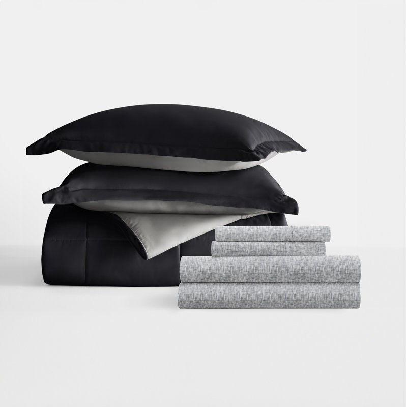 7-Piece Reversible Bedding Bundle - Solid Comforter and Patterned Sheet Set, Twin Comforter + 1 Additional Piece, Black