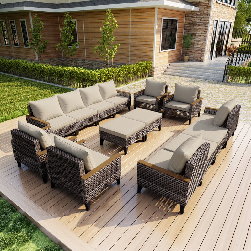 14 Pieces Patio Furniture Set, Wicker Rattan Outdoor Conversation Sets With 4 Ottomans (Beige Cushions), Beige