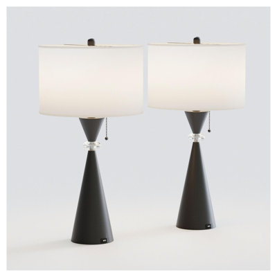 Set of 2 Modern Table Lamps with USB Charging Ports, 28" Black Metal Hourglass Base Bedside Lamps with White Drum Shade for Living Room and Bedroom