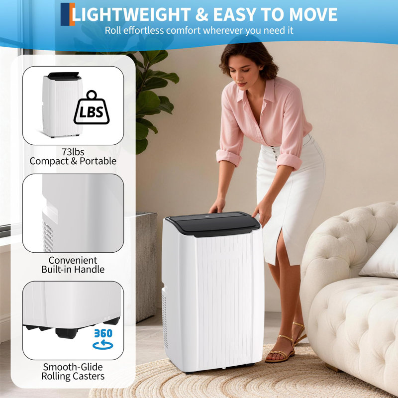 Climatiseur portatif 12 000 BTU écoénergétique avec ventilateur déshumidificateur à distance qui refroidit jusqu'à 550 pi2 blanc standard américain