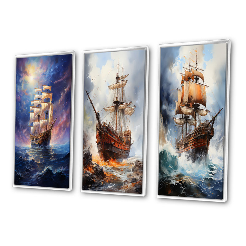 «Pirate Oceans Embrace», 3 pièces sur toile, Cadre flottant blanc, H 32 po x l 48 po
