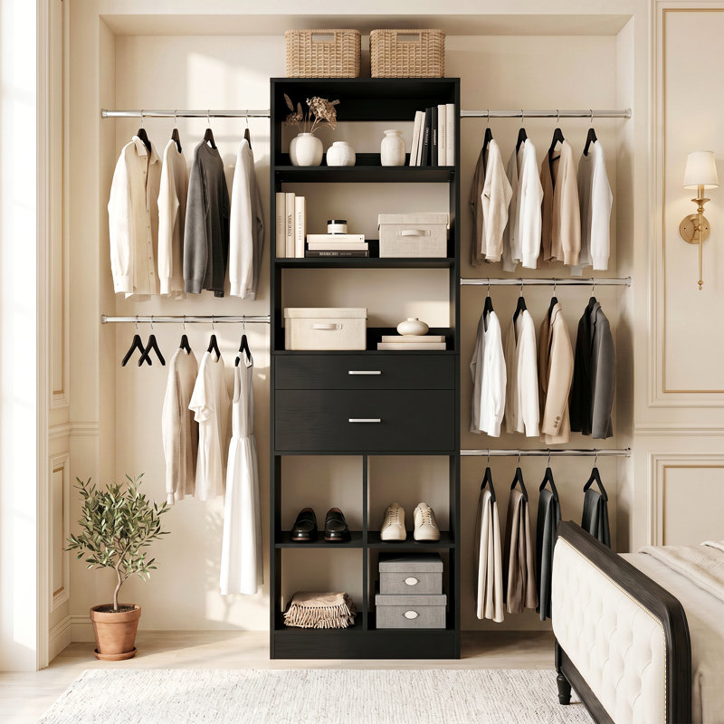Multi-Functional Storage Cabinet With Rods & Drawers, Black