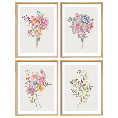 " Watercolor Floral Bouquet Modern Artwork Minimalist Wall Art Decor " 4 - Pieces