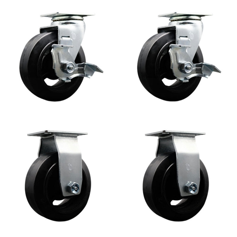 4 Piece Rubber on Cast Iron Caster Set with Roller Bearings