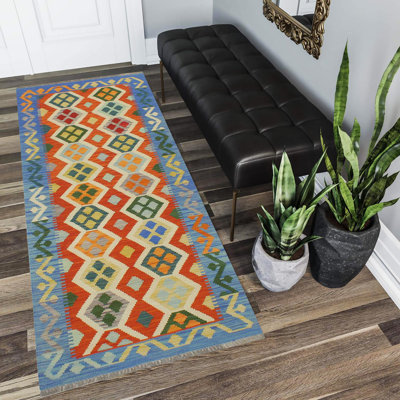 Tapis de couleur bleu rouille à motif géométrique fait à la main 2 pi 9 po x 6 pi 5 po Kelvonte