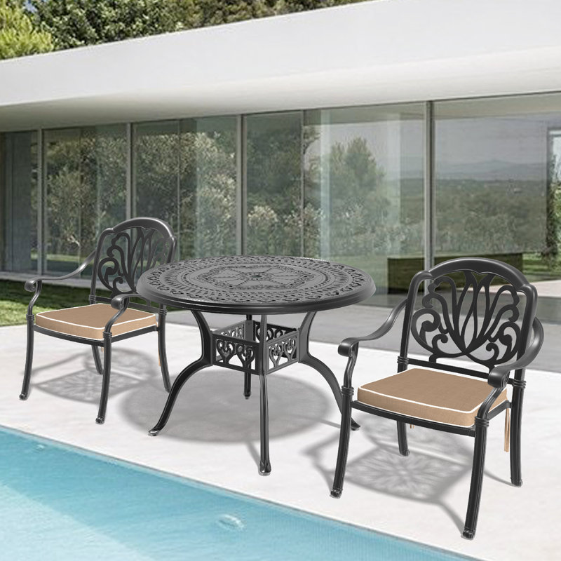 39.37-inch Round Table Cast Aluminum Outdoor Dining Set with Umbrella Hole and Brown Cushions, 2